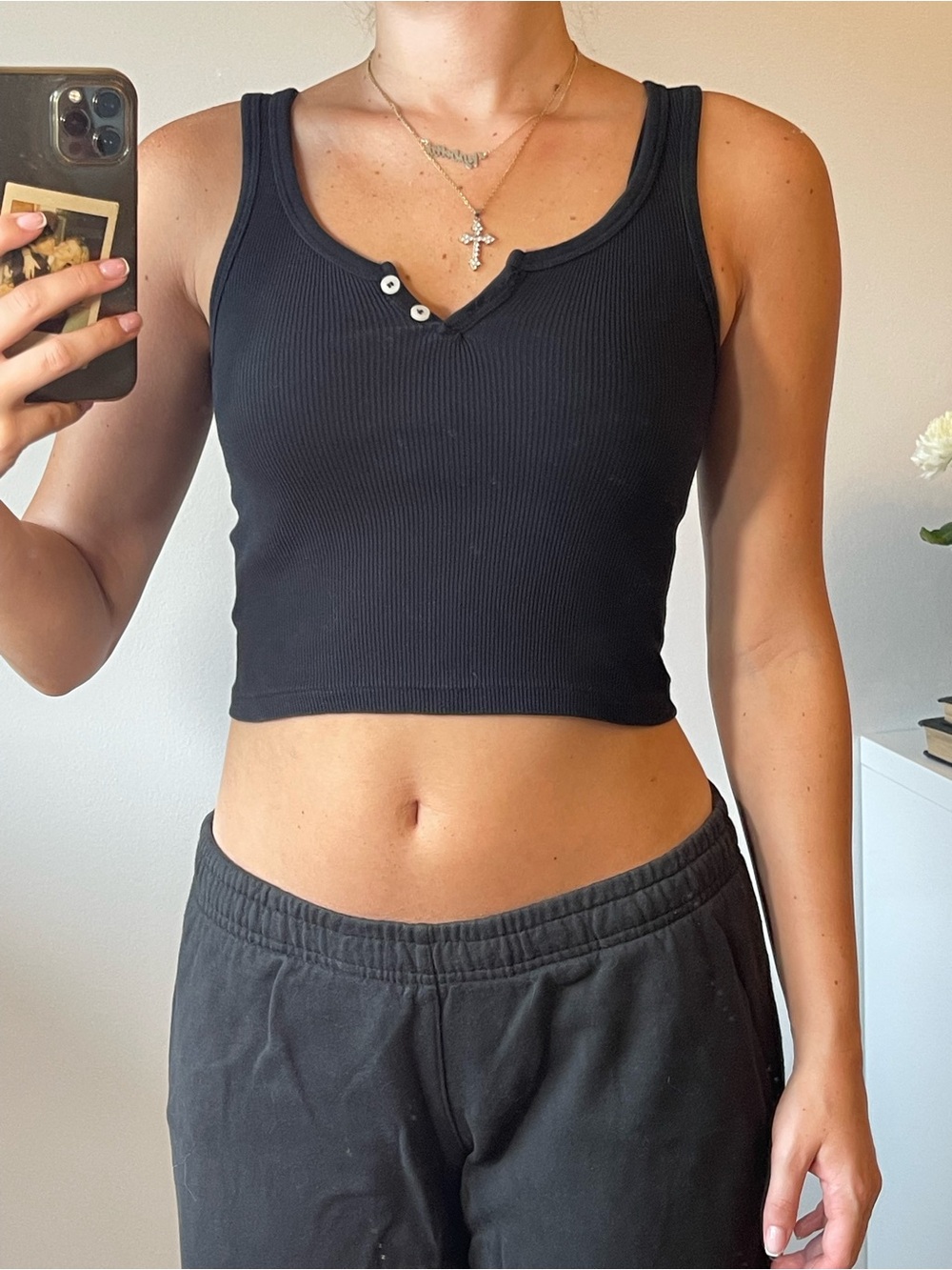 Brandy Melville Black Ribbed Henley Crop Tank